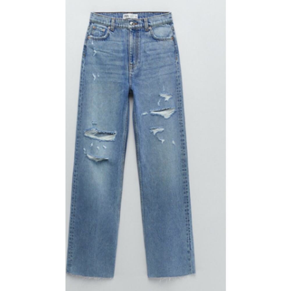Zara Womens 4 The 90S Distressed Frayed Jeans Blue Washed Pockets